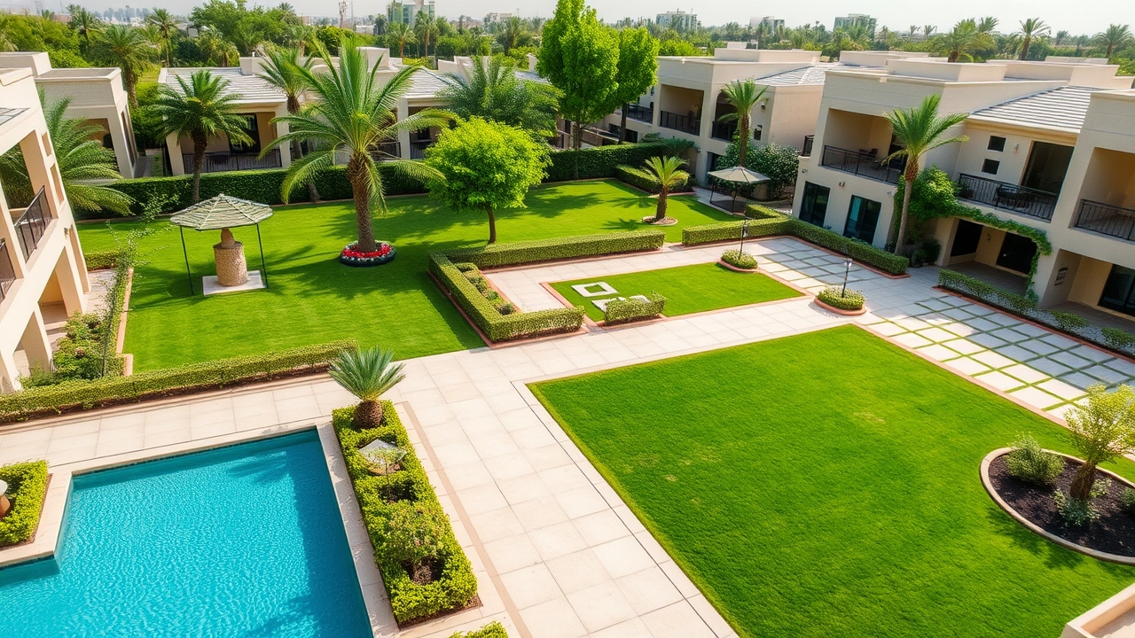 Lush green residential courtyard in The Greens Dubai