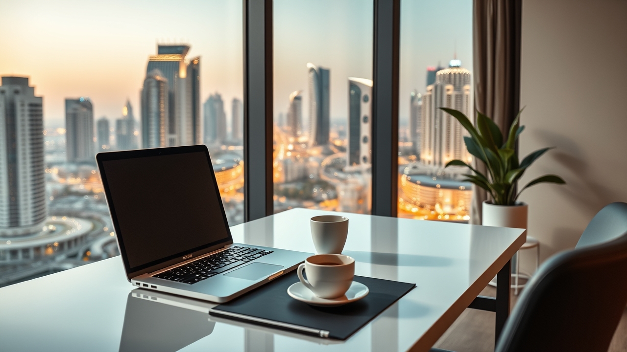 Modern business traveler home office setup in Dubai