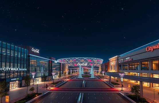City Walk Dubai at night with Coca-Cola Arena background