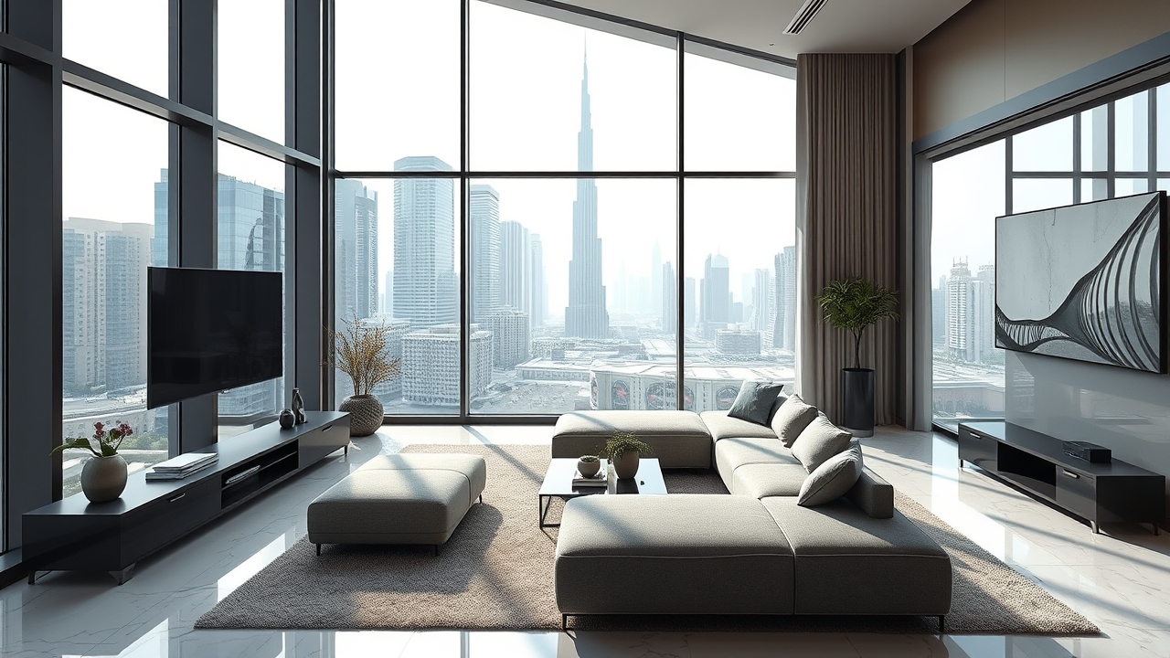 Modern living room interior in City Walk serviced apartment