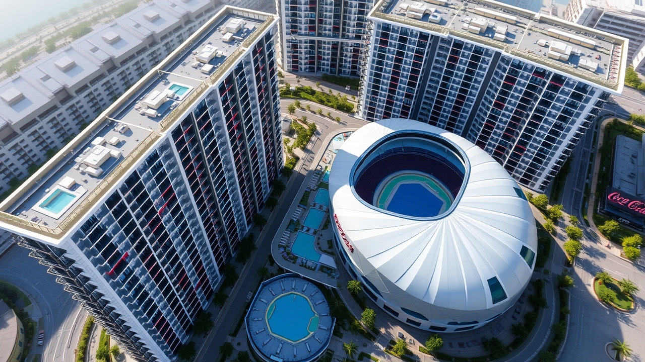 Aerial view of City Walk residential buildings and arena