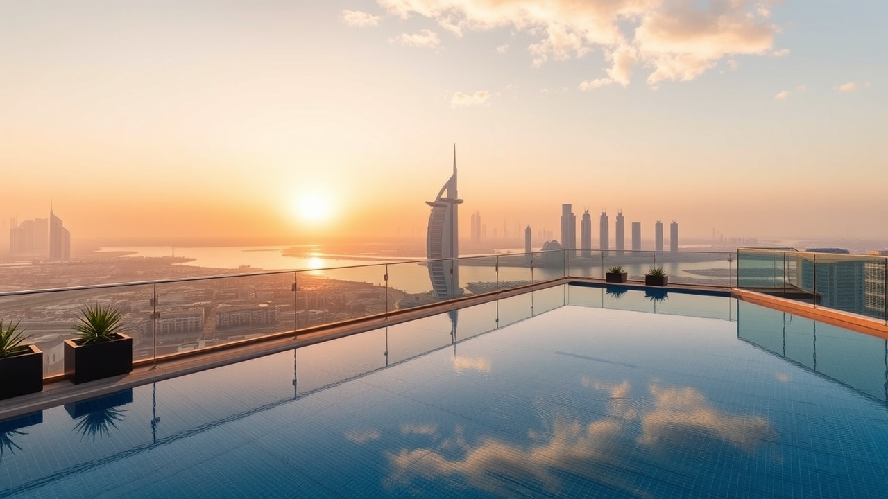 Rooftop swimming pool overlooking Dubai city