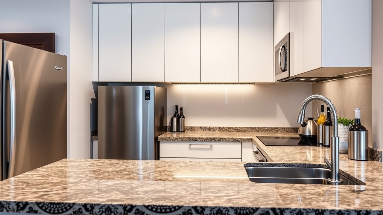 Fully equipped modern kitchen in hotel apartment