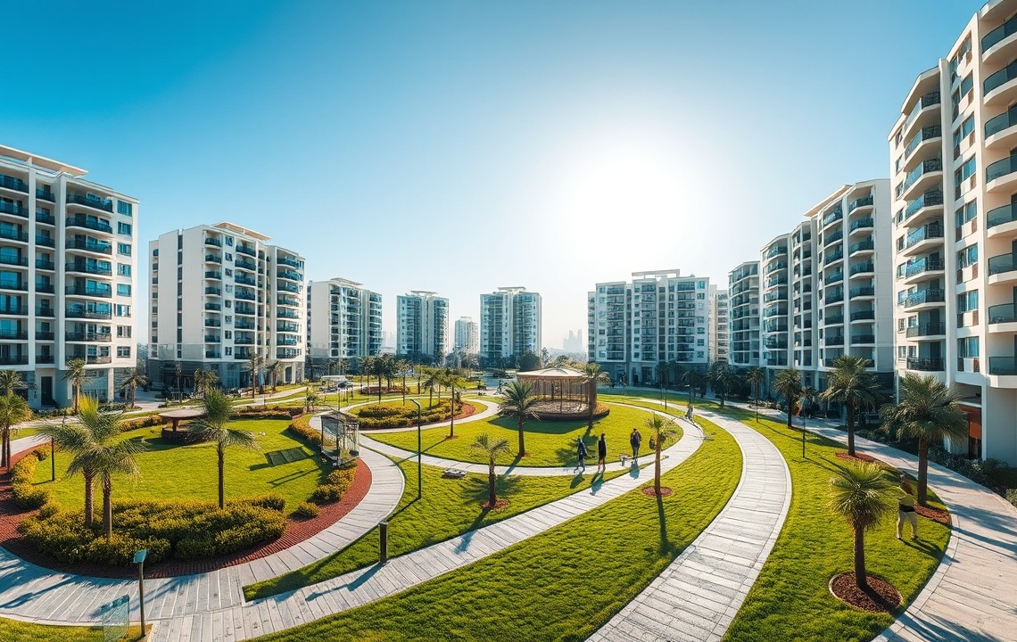 Modern residential community in Dubai with green spaces