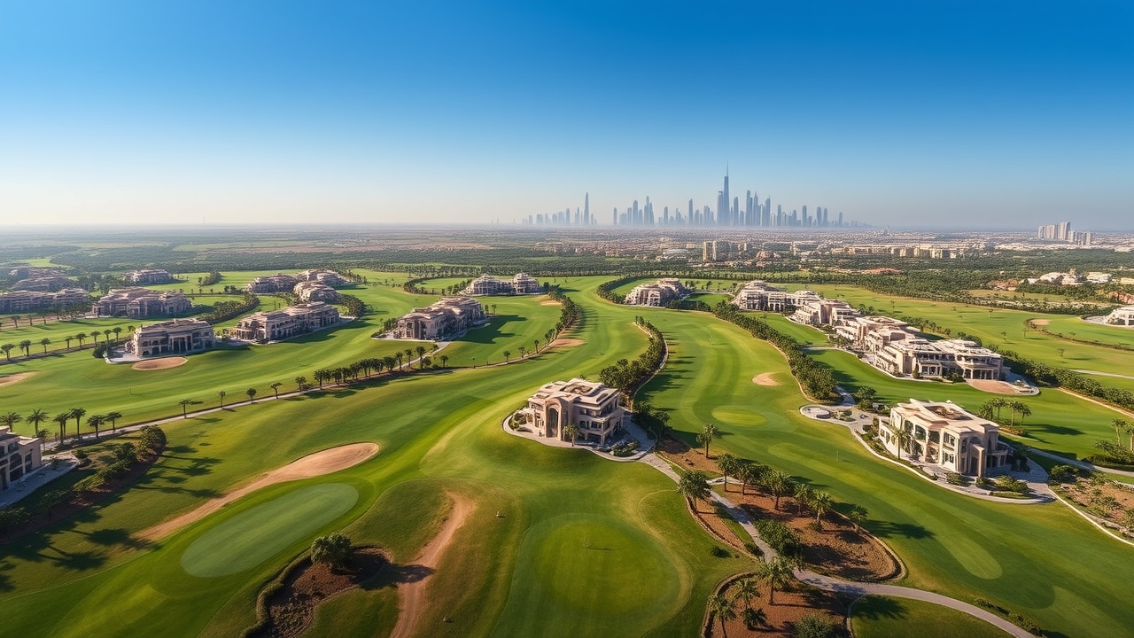 Golf course and villas in Dubai Hills Estate