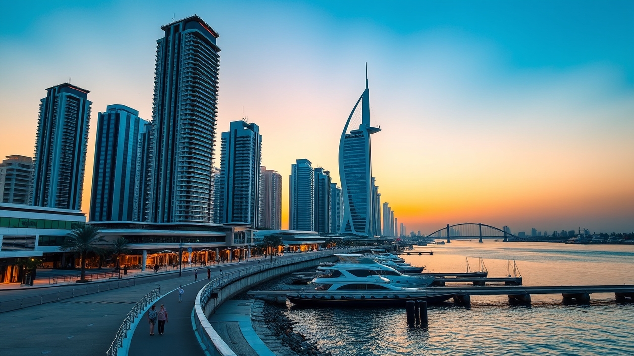 Waterfront at Dubai Creek Harbour during sunset