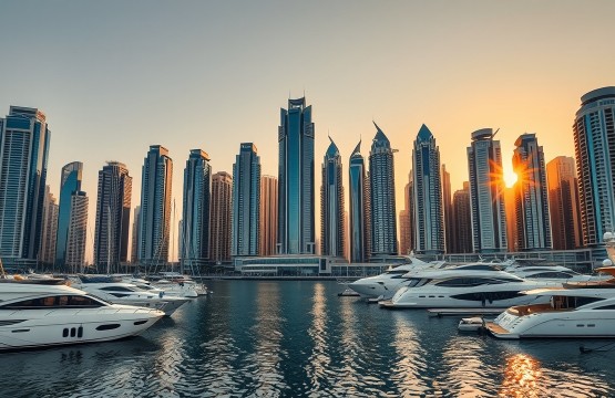 Dubai Creek Harbour skyline and marina at sunset