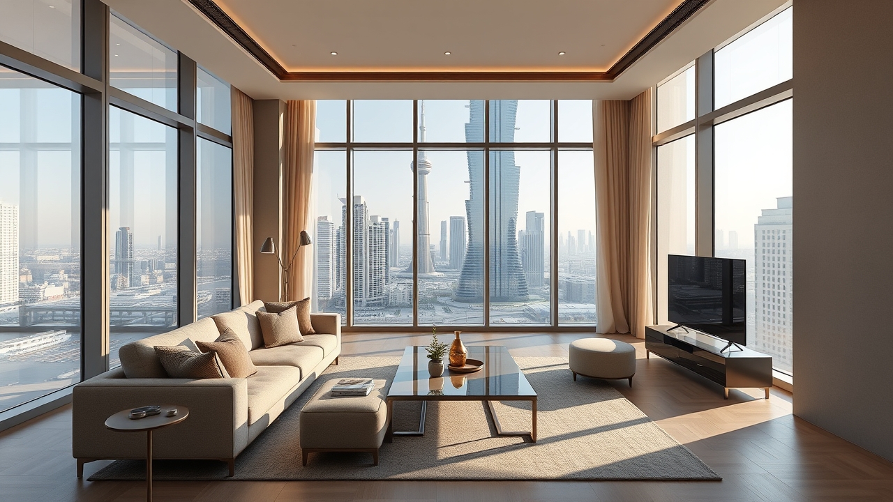 Luxury serviced apartment interior with Burj Khalifa view