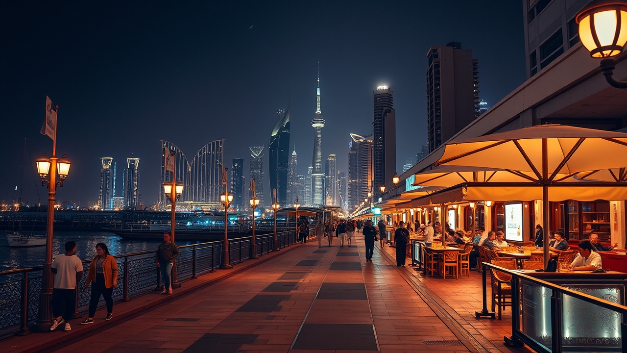 Waterfront promenade in Dubai Creek Harbour at night