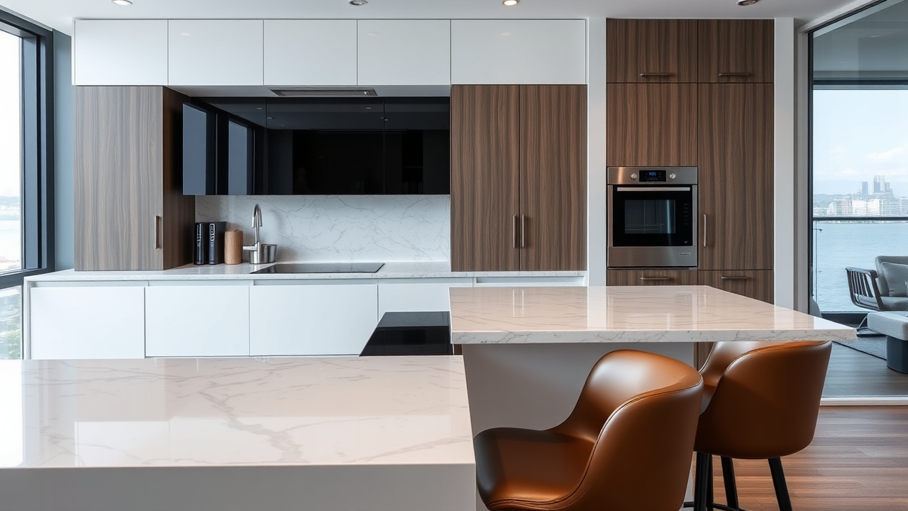 Modern marble kitchen in a luxury apartment