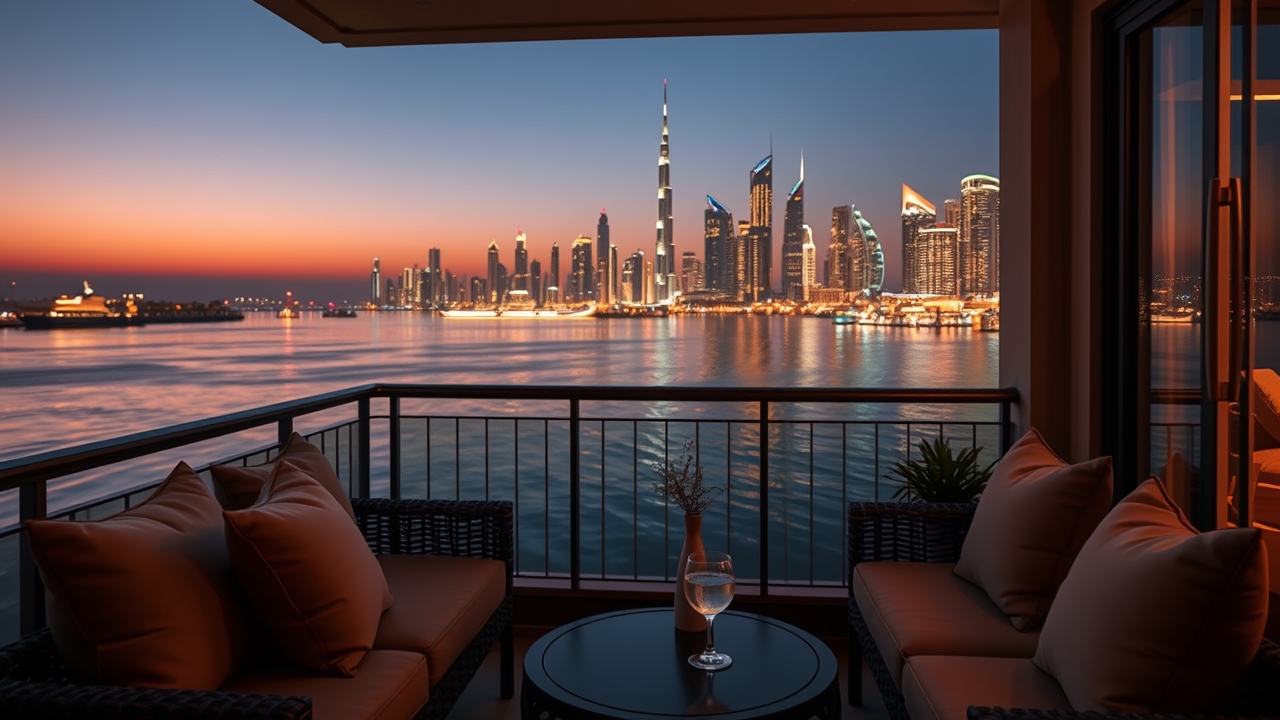 Private balcony view of the Dubai skyline at night