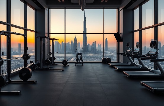 Luxury residential gym in Dubai with Burj Khalifa view