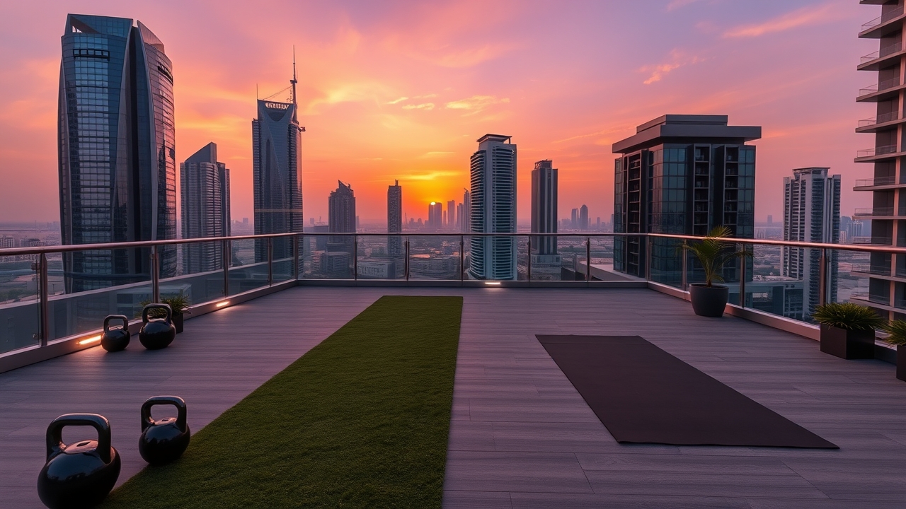 Rooftop functional fitness deck at sunrise in Dubai