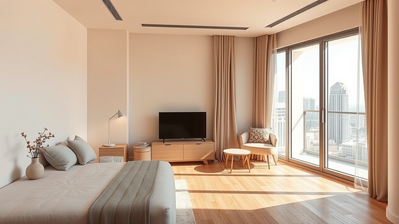 Minimalist studio apartment interior in Dubai