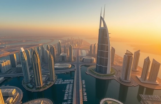 Aerial view of Dubai Marina and JLT at golden hour