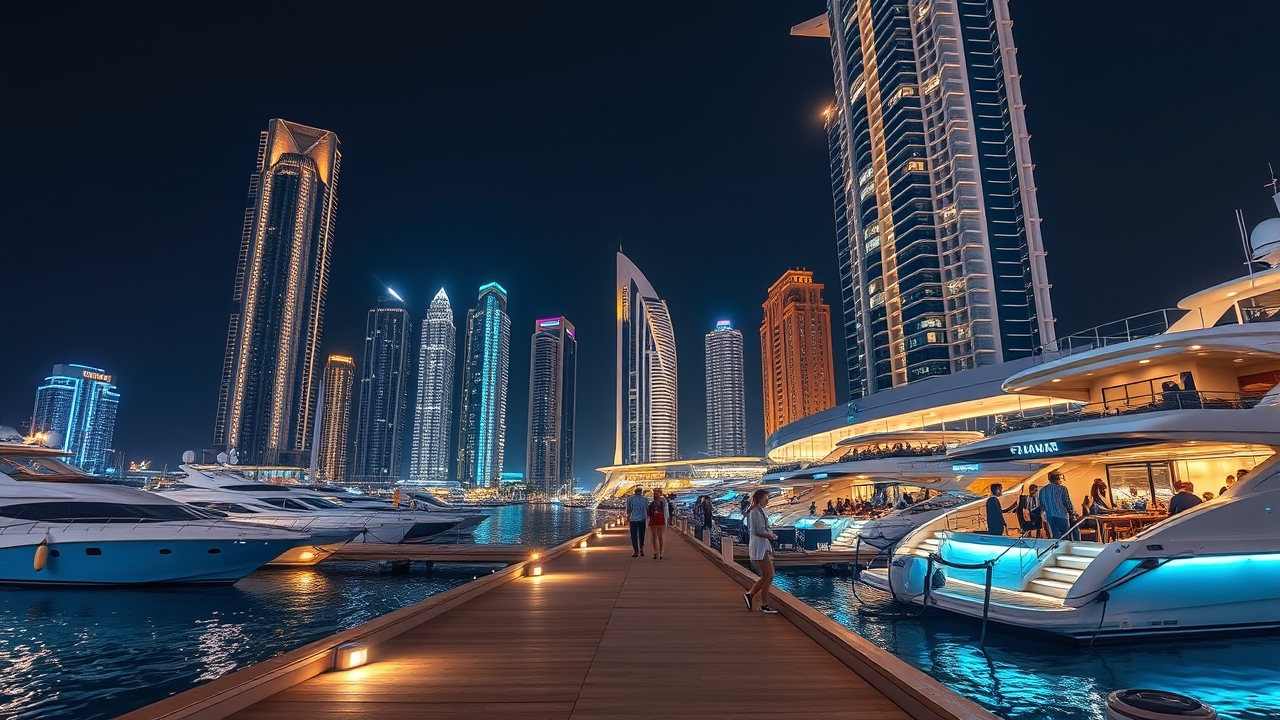 Dubai Marina walk at night with luxury yachts