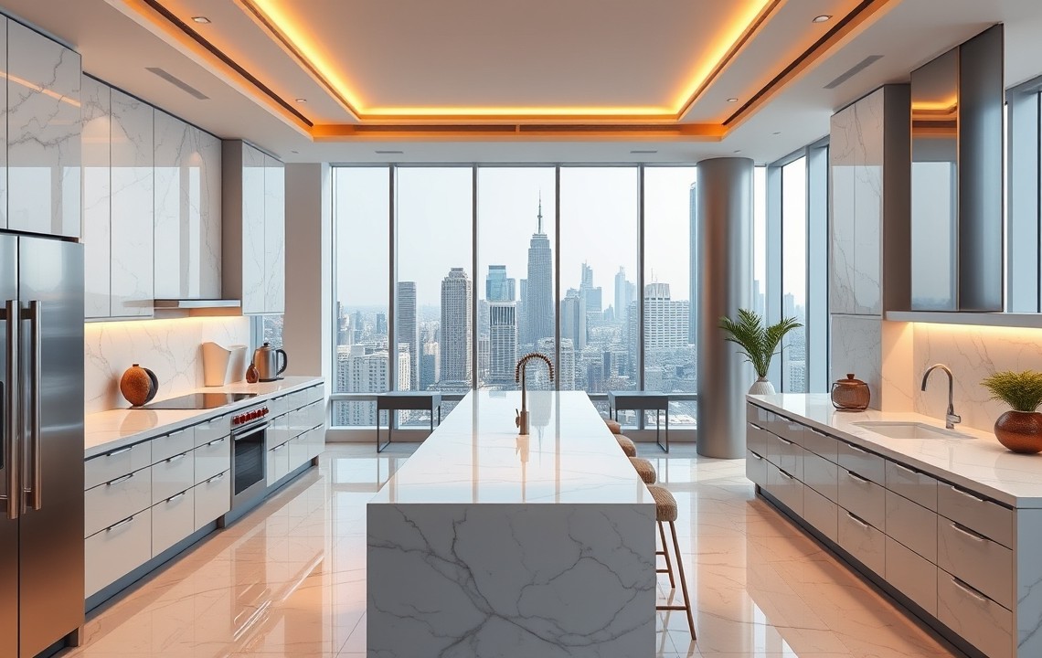 Luxury modern kitchen in a serviced apartment with marble counters