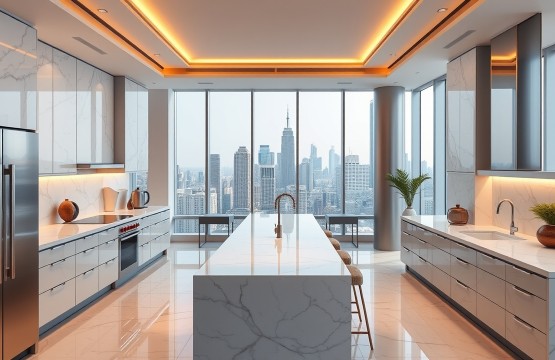 Luxury modern kitchen in a serviced apartment with marble counters