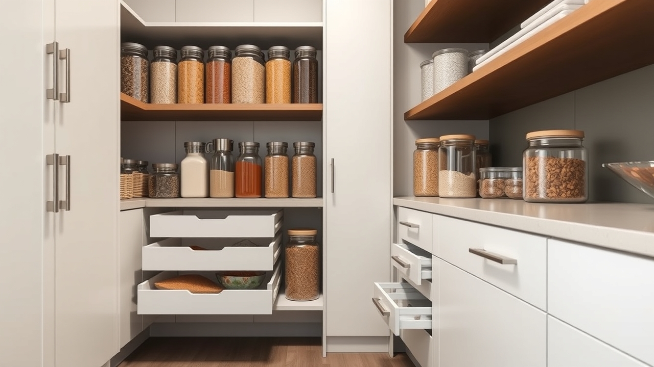 Organized kitchen pantry with spices and grains