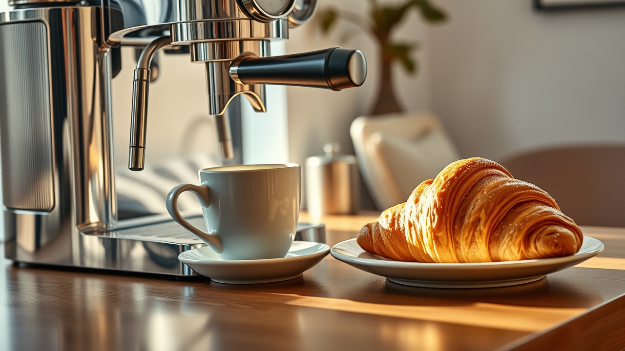 Breakfast setup with espresso machine and coffee