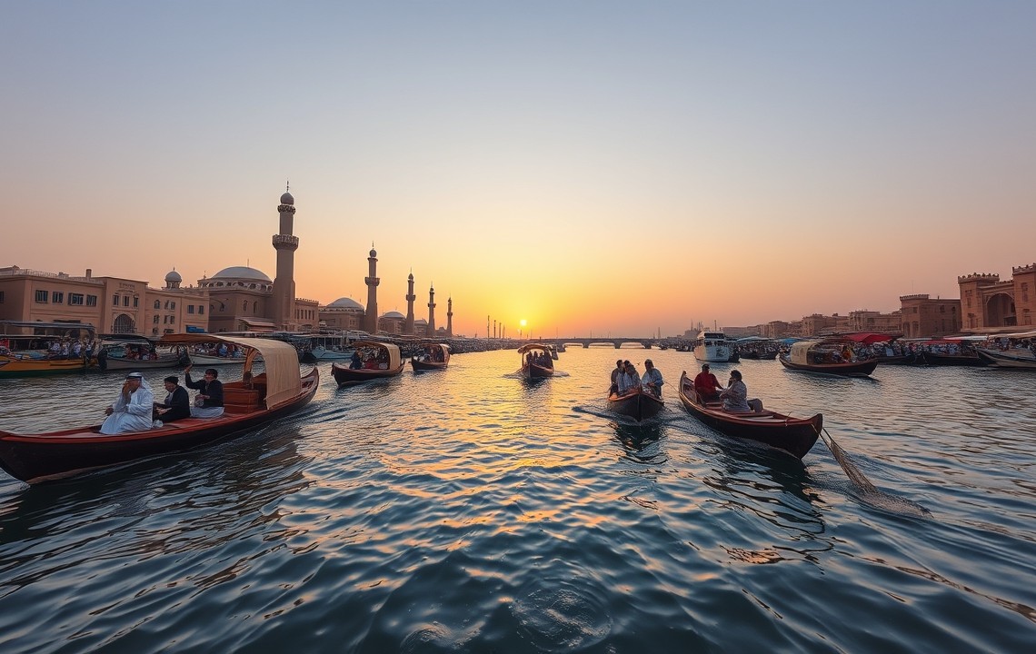 Traditional abra boats on Dubai Creek at sunset in Old Dubai.