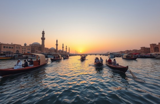 Traditional abra boats on Dubai Creek at sunset in Old Dubai.