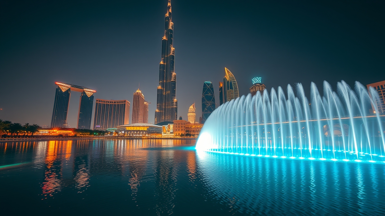 The iconic Burj Khalifa and Downtown Dubai skyline illuminated at night.