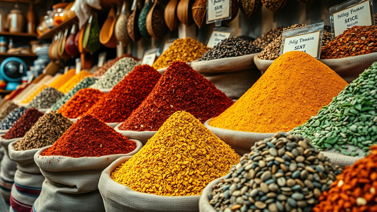 Vibrant spice stalls in the traditional Deira Spice Souk.