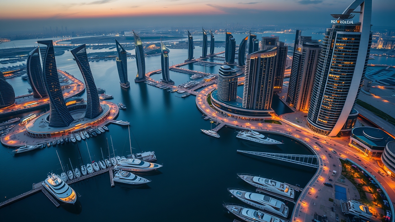 The modern skyline and yacht club of Dubai Marina at twilight.