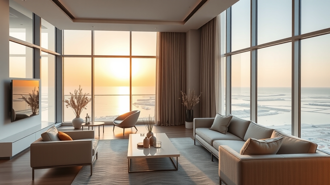 Modern luxury serviced apartment interior with sea views.