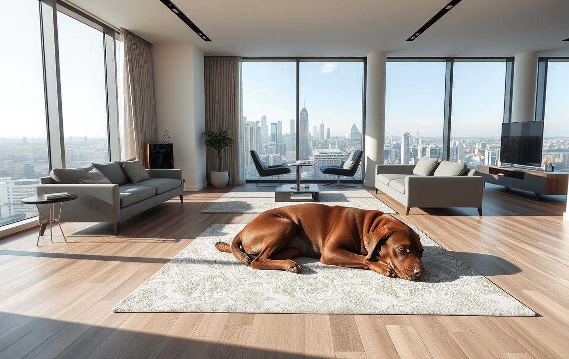 A chocolate Labrador sleeping in a modern serviced apartment living room.