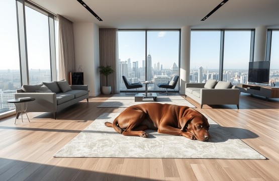 A chocolate Labrador sleeping in a modern serviced apartment living room.