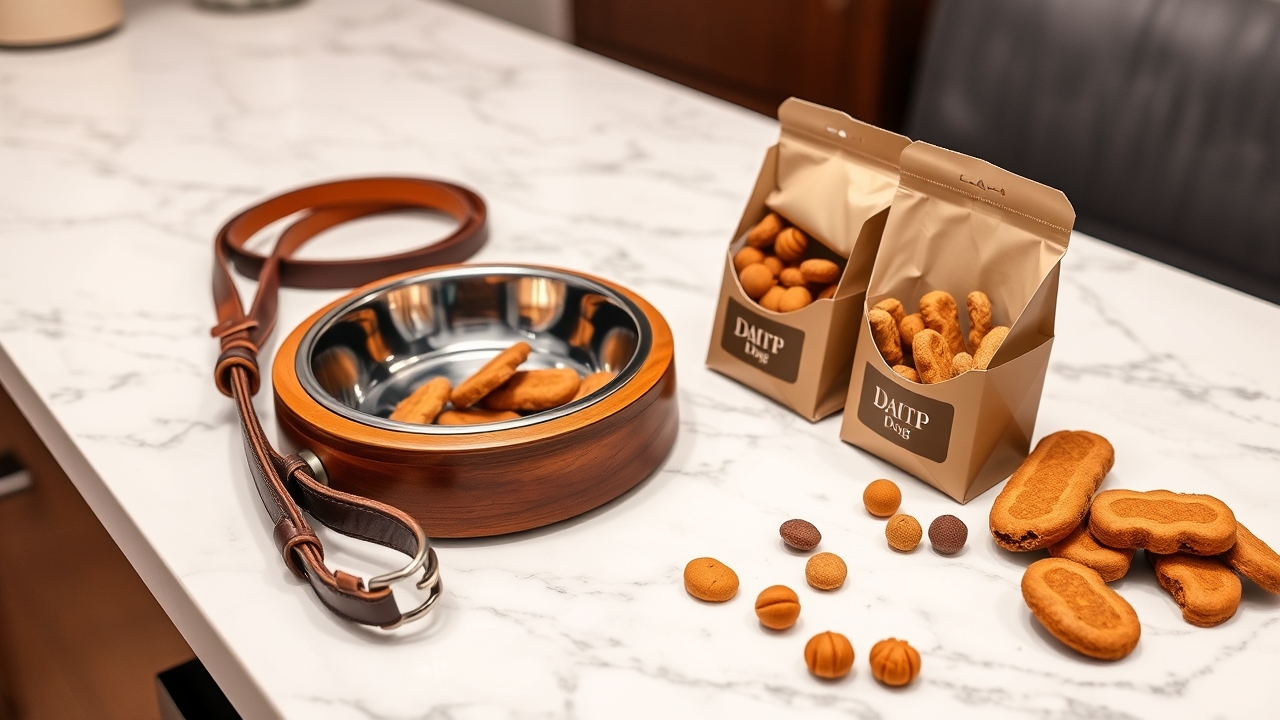 Luxury dog welcome kit with leash and bowl on a marble counter.