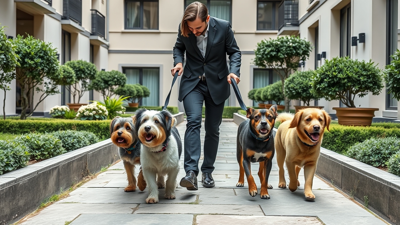 Professional dog walker in a luxury apartment building courtyard.