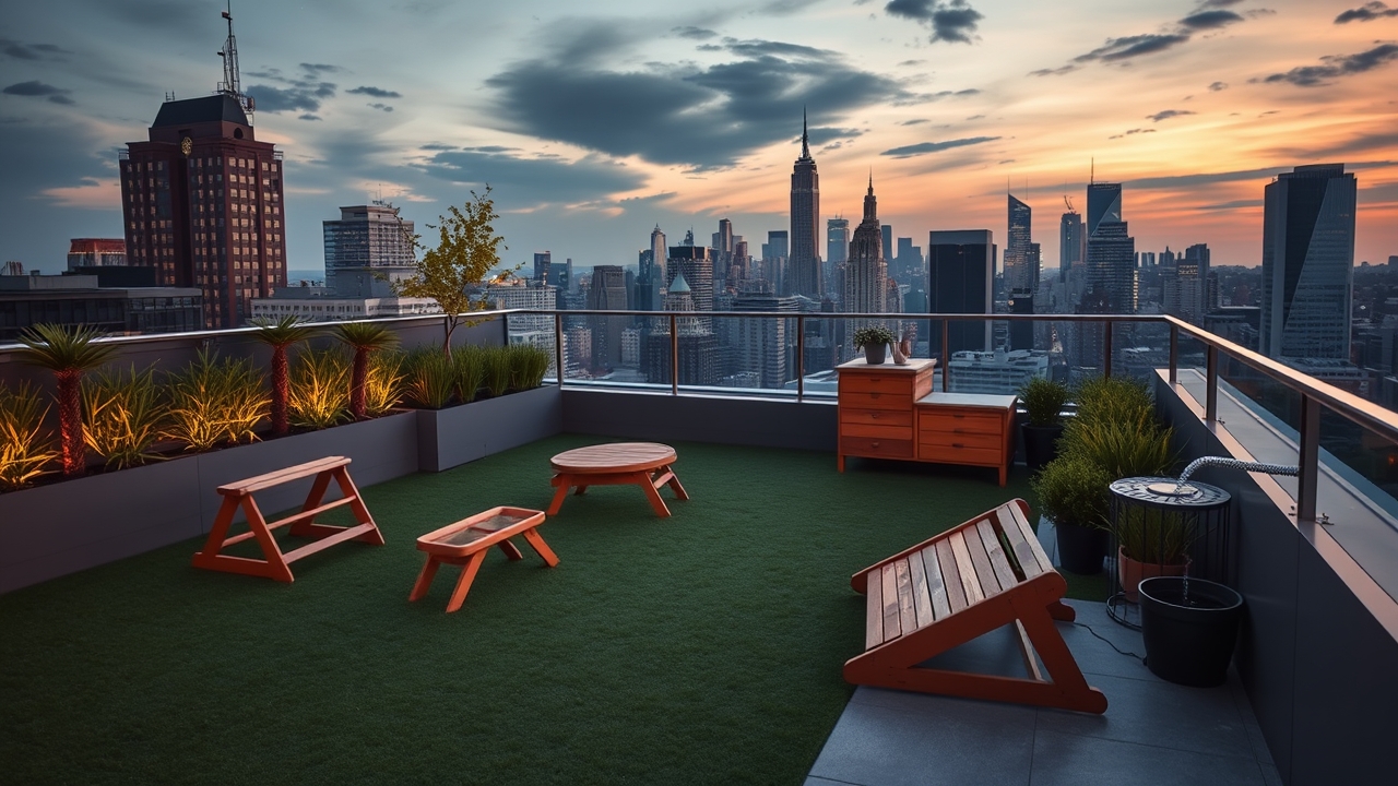 Rooftop dog park with agility equipment and city views.