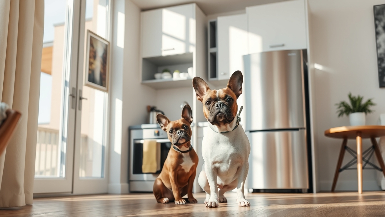 A French Bulldog sitting in a modern high-end apartment kitchen.