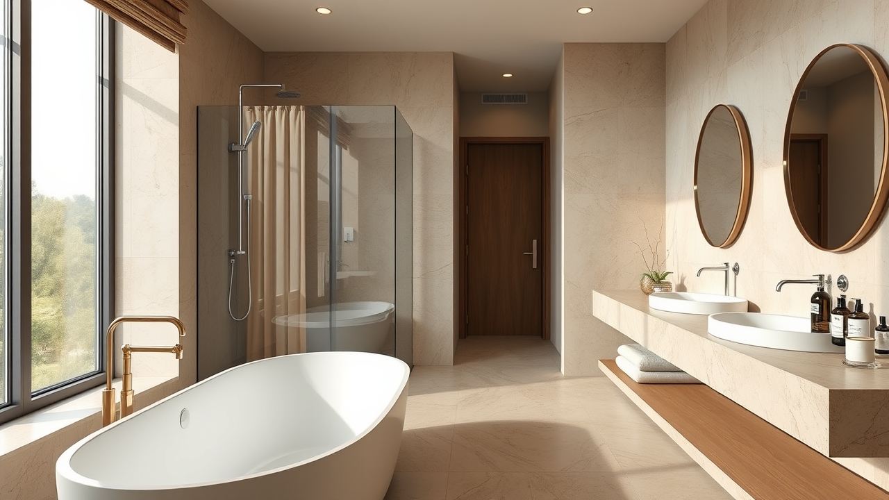 Luxury travertine bathroom with freestanding tub in Dubai