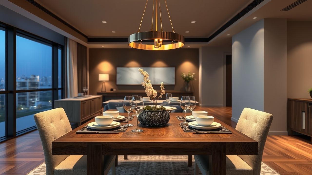 Modern dining area with designer lighting in Dubai Hills