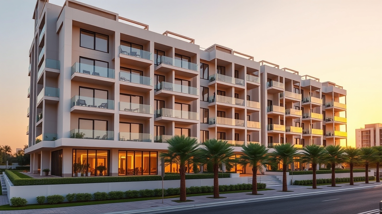 Modern mid-rise luxury building exterior in Dubai Hills Estate