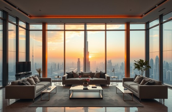 Luxury Dubai apartment living room with Burj Khalifa view