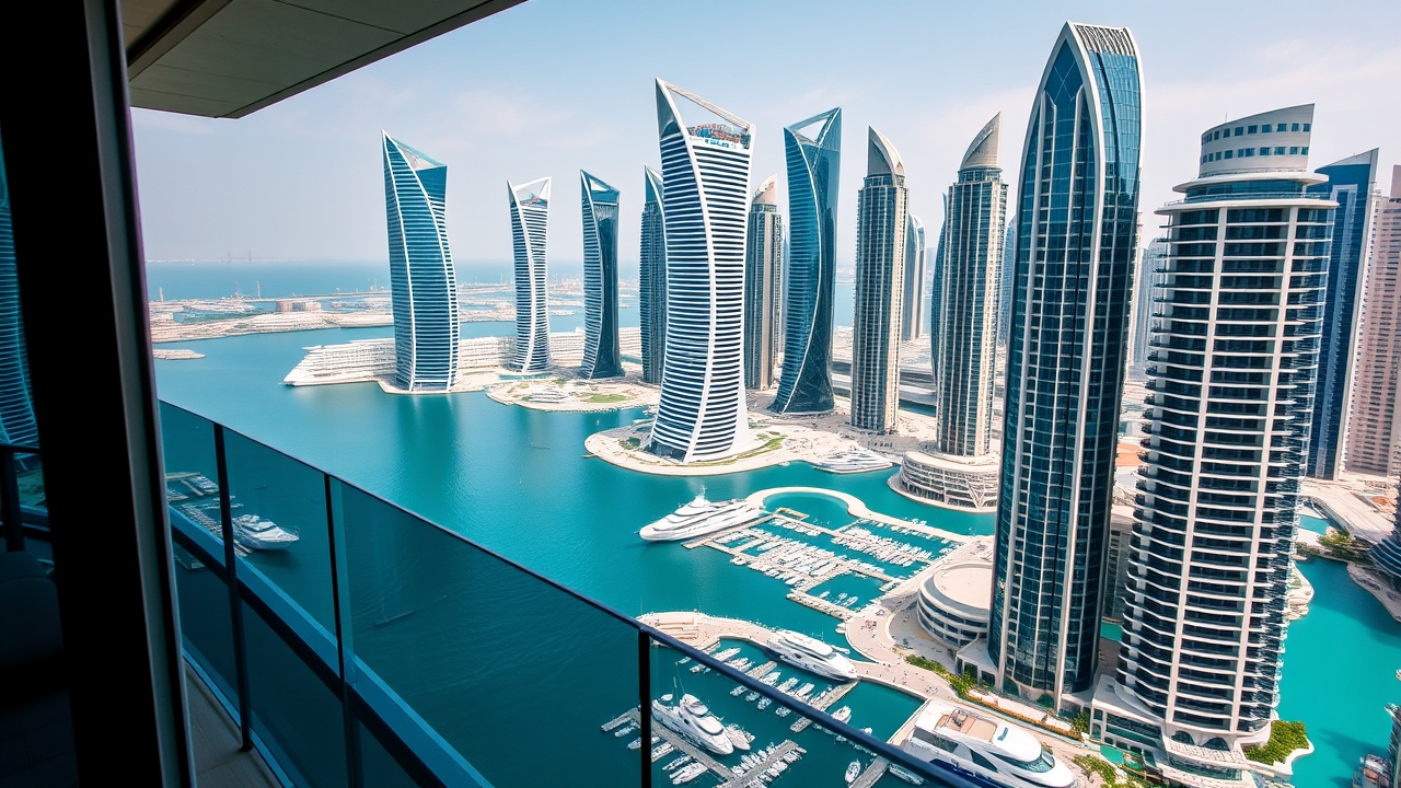 Aerial view of Dubai Marina skyline and yachts