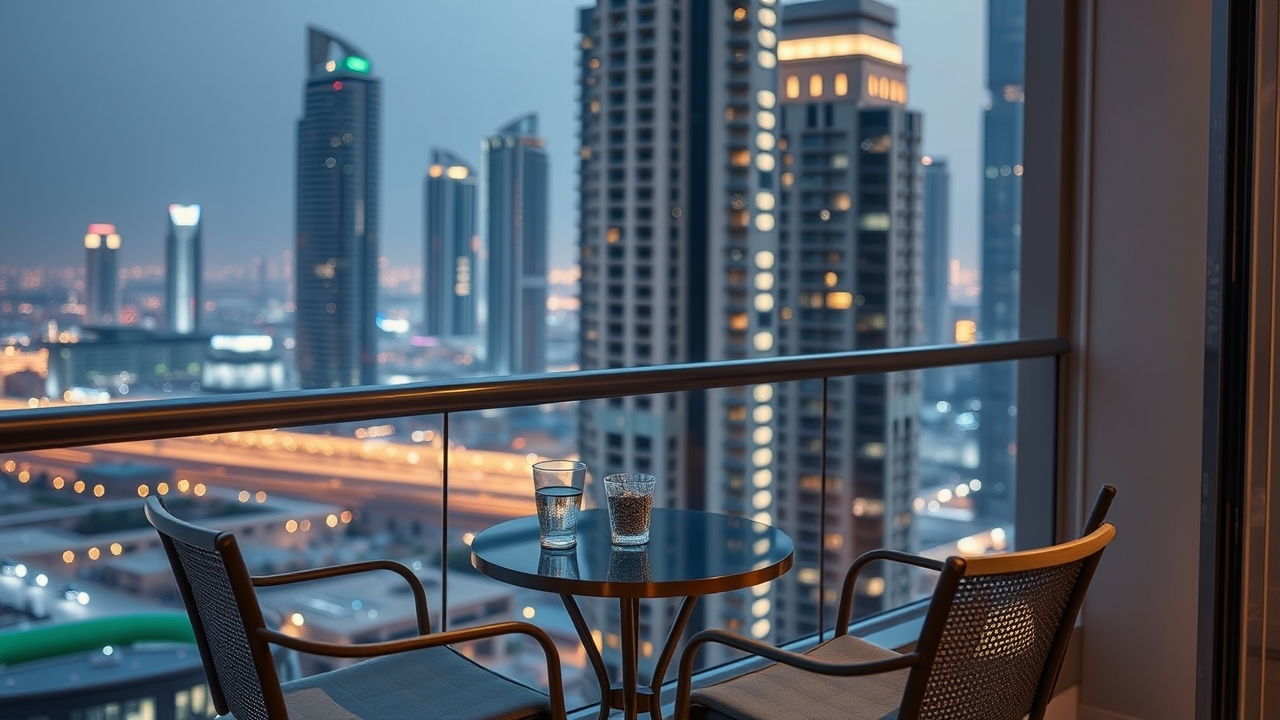 High-floor balcony view of Dubai city lights