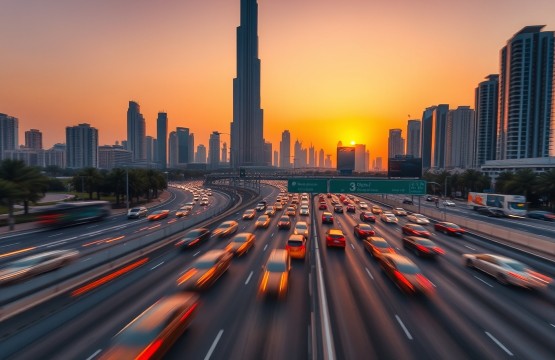 Sheikh Zayed Road skyline at sunset with flowing traffic