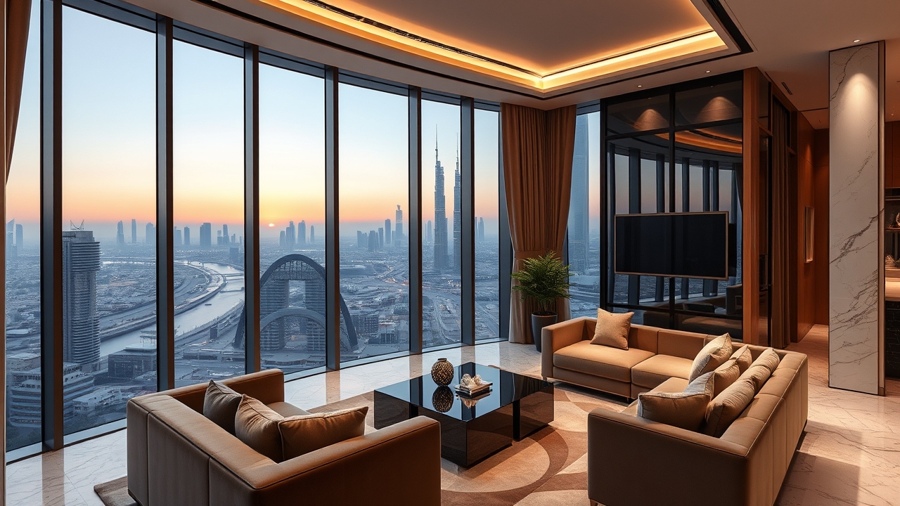 Luxury apartment interior with Dubai skyline view