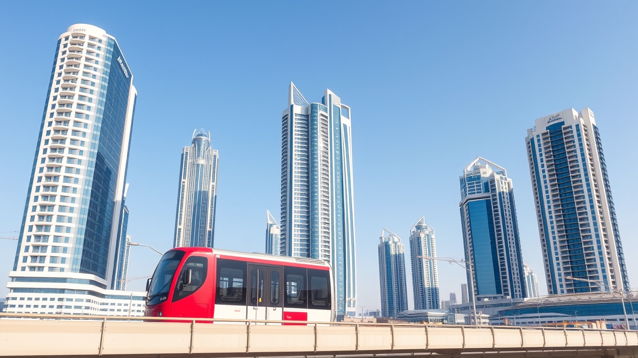 Dubai Metro train running alongside SZR skyscrapers