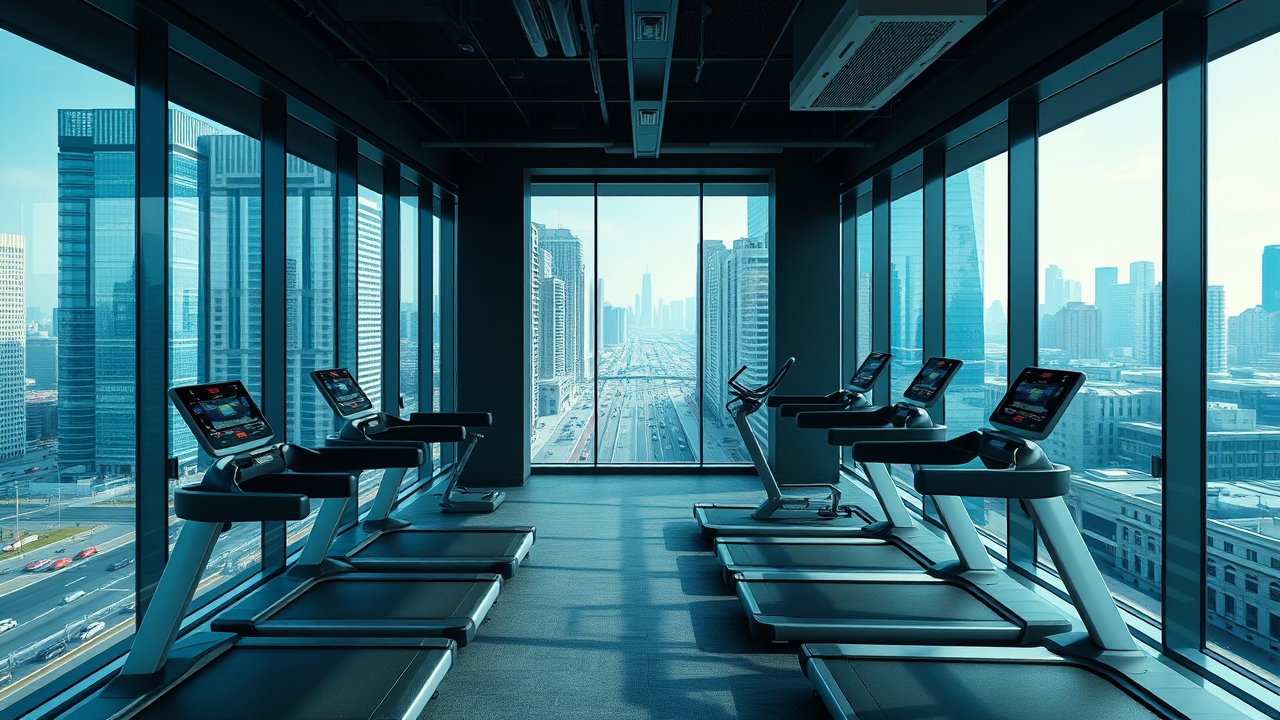 Modern gym with city views in a high-rise building