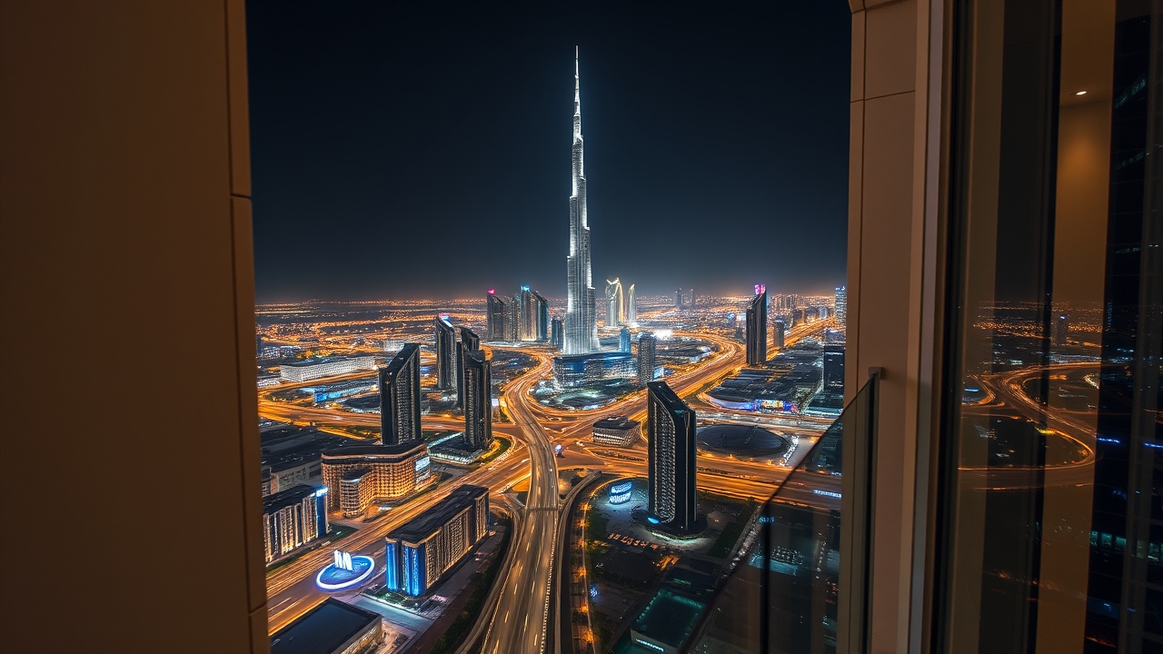 Dubai night skyline view from a high-floor balcony
