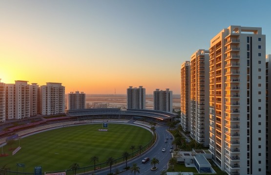Dubai Sports City residential towers overlooking a stadium