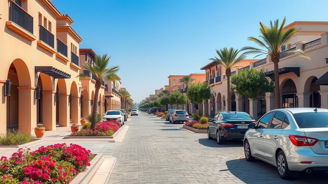 Motor City Dubai street with low-rise buildings and greenery