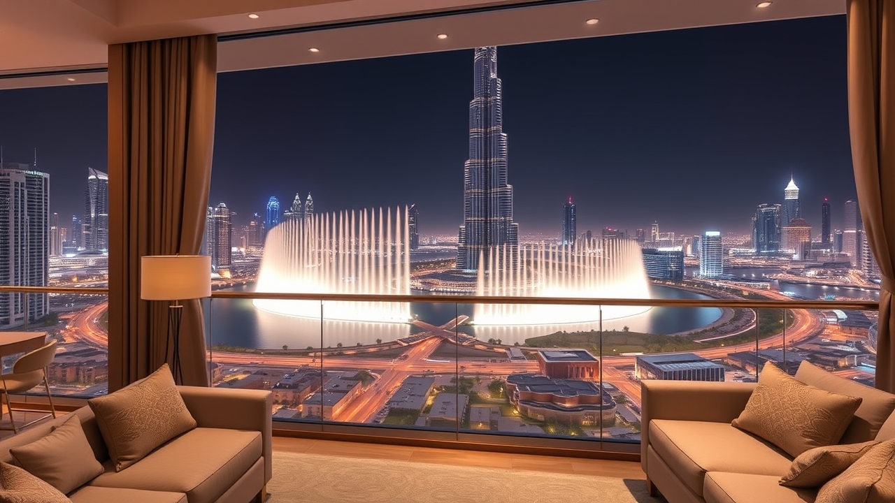 Luxury apartment balcony view of Burj Khalifa